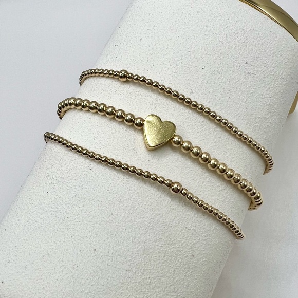 Set of 3 14k Gold Filled Bead Bracelets: Two 2mm & One 3mm w/Heart Charm - Picture 3 of 8